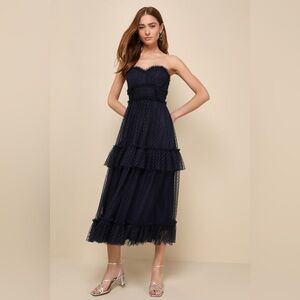 LULUS MESH SWISS DOT STRAPLESS MIDI DRESS